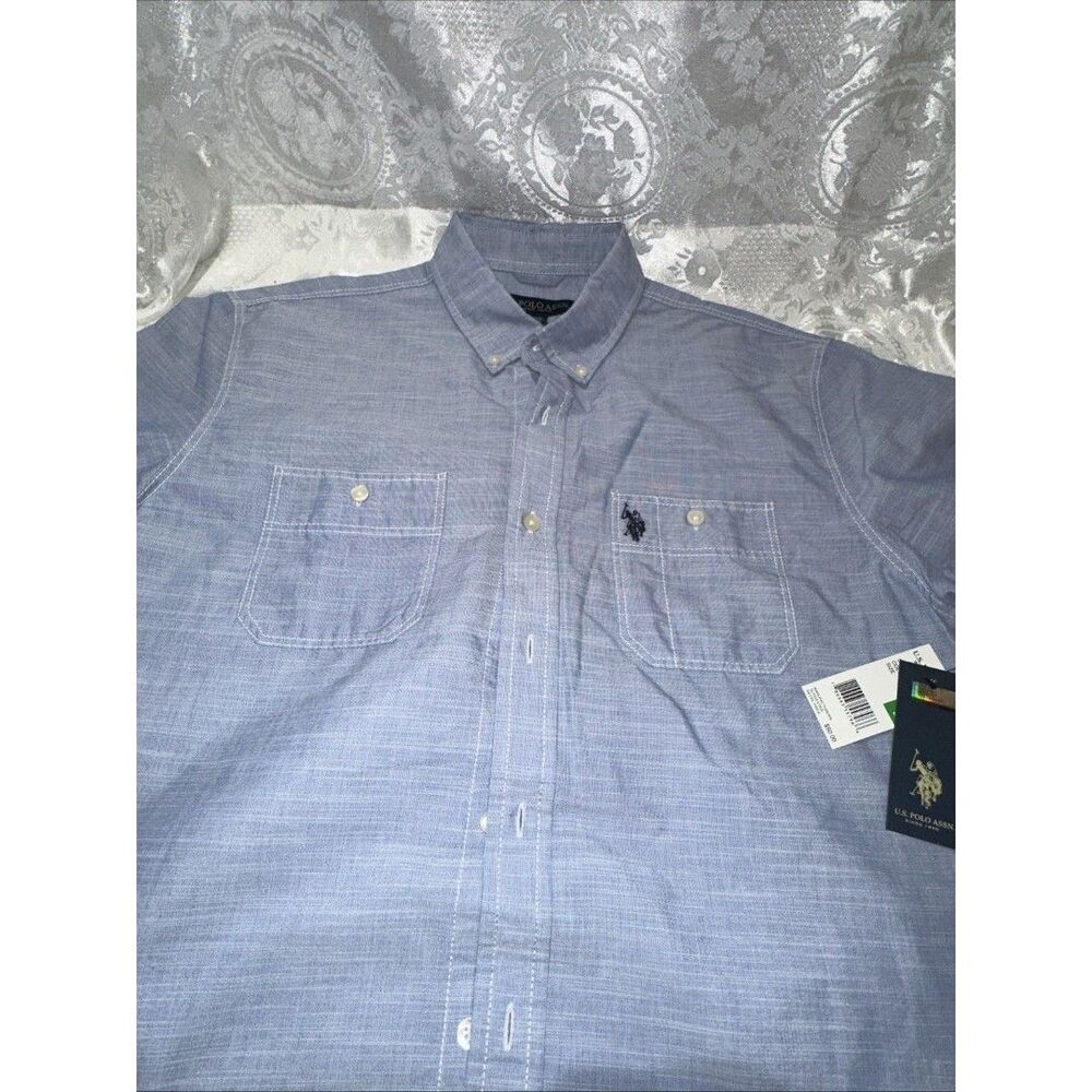 Men US Polo ASSN Patch Pocket Pony Short Sleeves Textured Classic Dress Shirt L